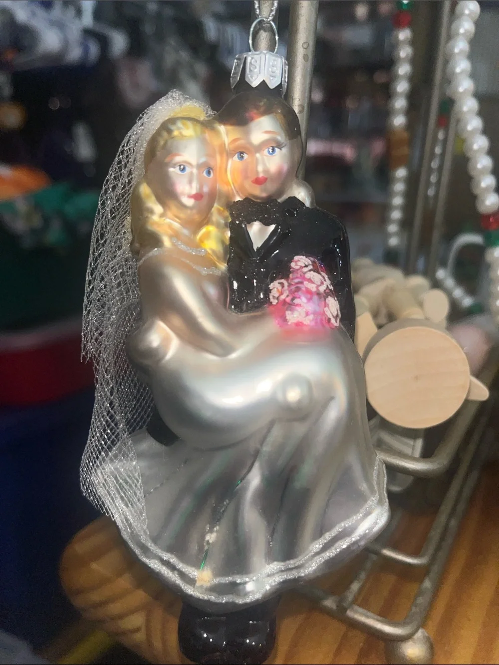 VTG Blown Glass Groom carrying his bride ornament by Robert Stanley signed 371